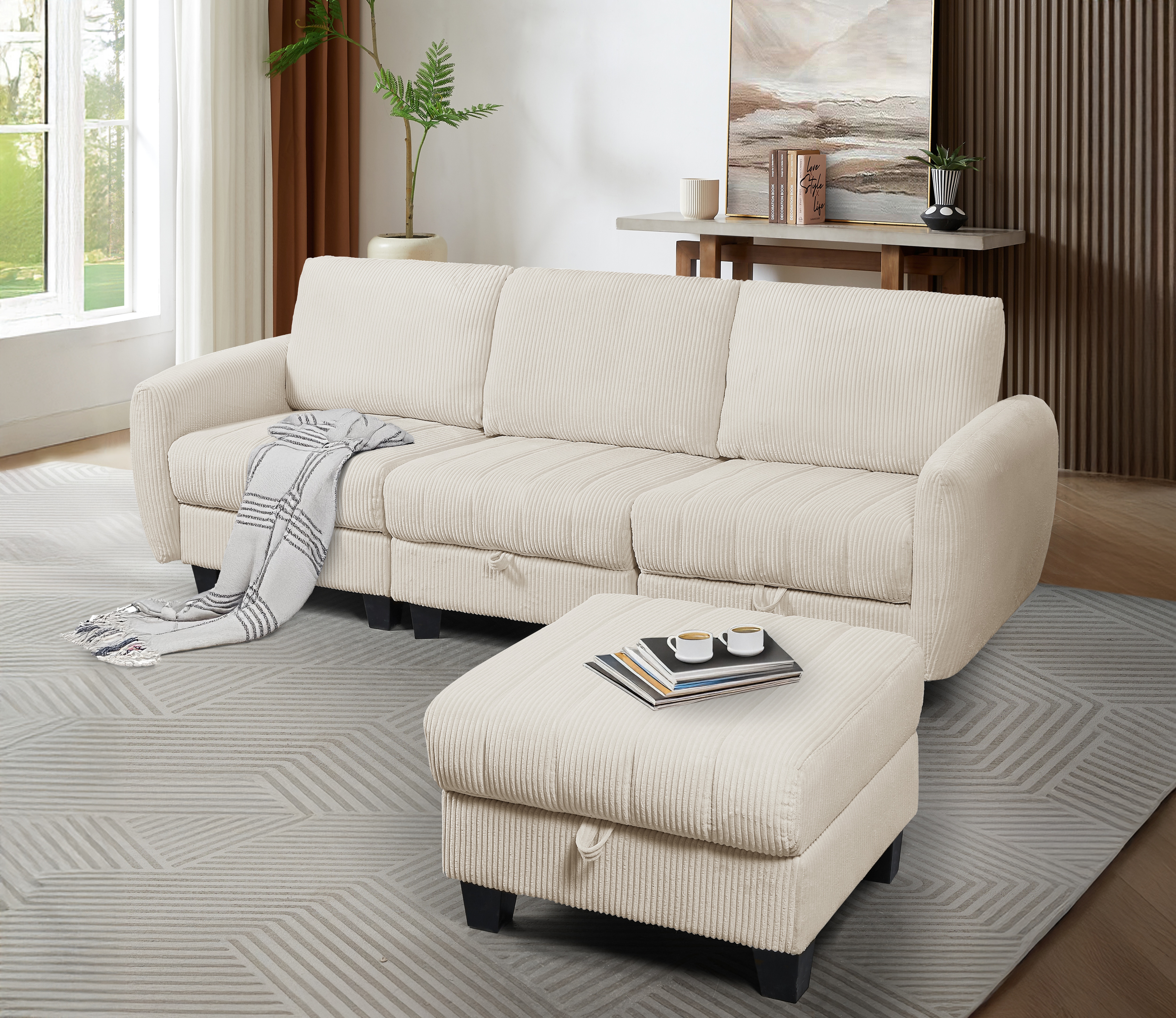 Beige White corduroy fabric sofa with OTTOMAN 